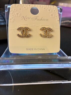 Gold Crystal Interlocking Logo Stud Earrings